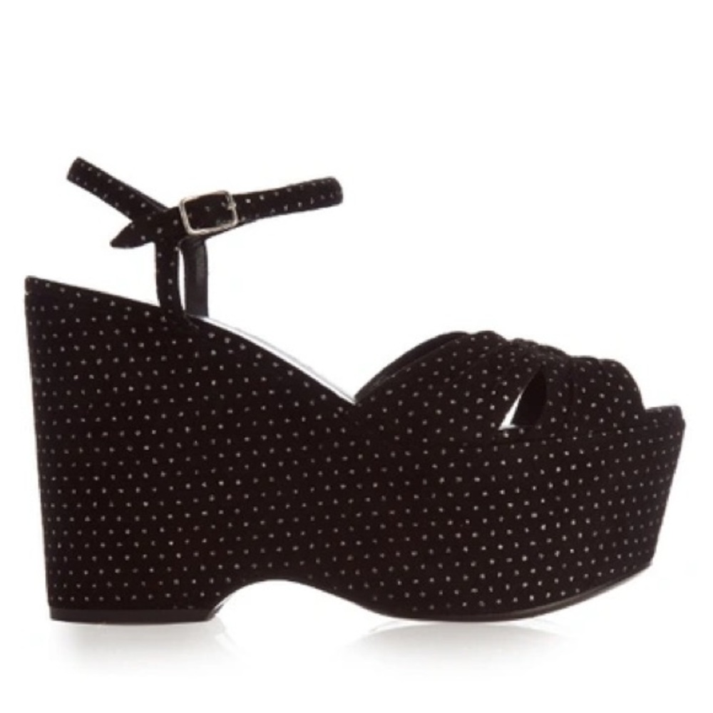 YSL Saint Laurent Candy Polka Dot Suede Wedge Platform Sandals Black Silver 9